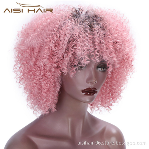 Aisi Hair Short Kinky Fluffy  Ombre Pink Wig Heat Resistant Synthetic Fiber Afro Curly Wigs For Black Women Cosplay Party Wigs